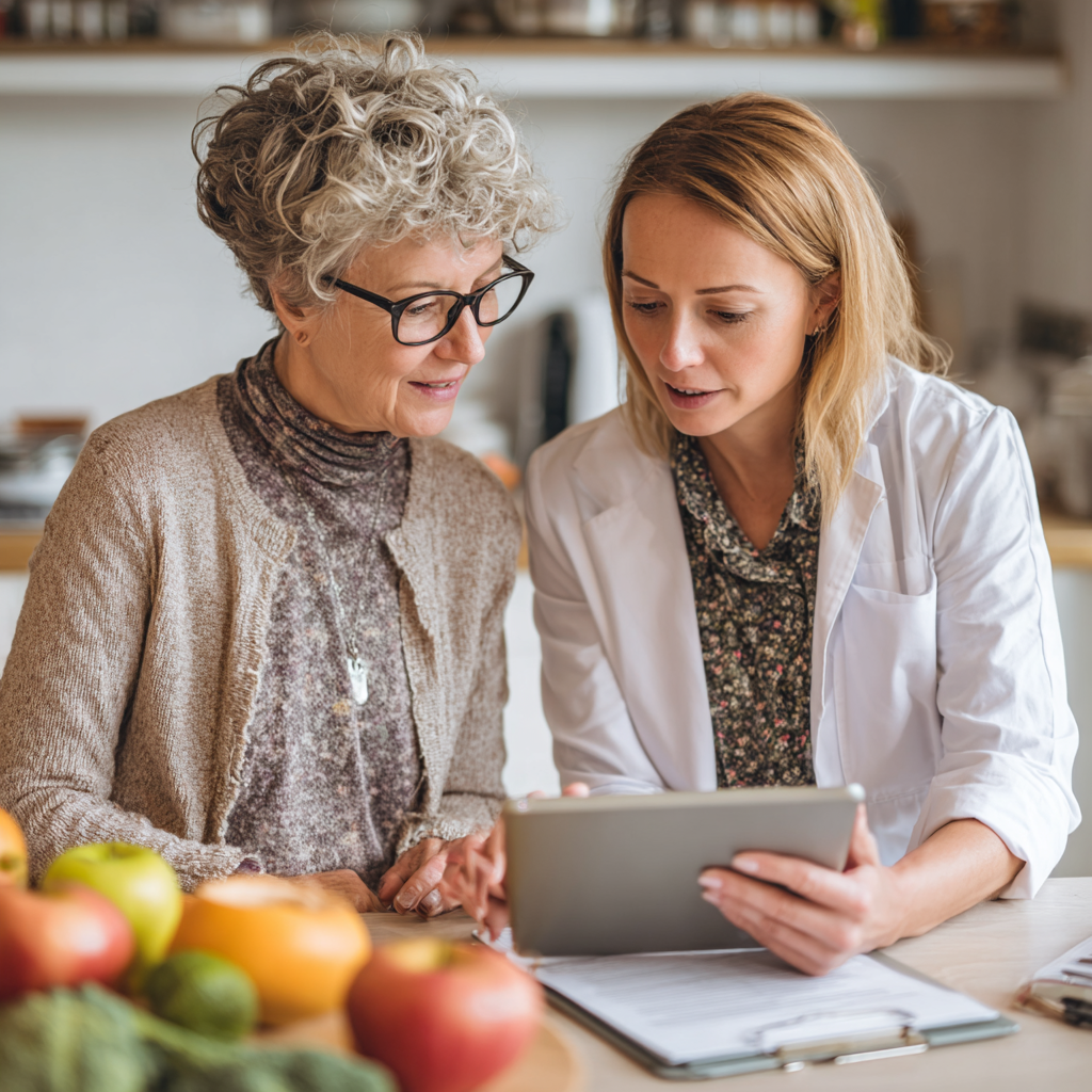 Mature adult discussing nutrition plan with specialist using tablet