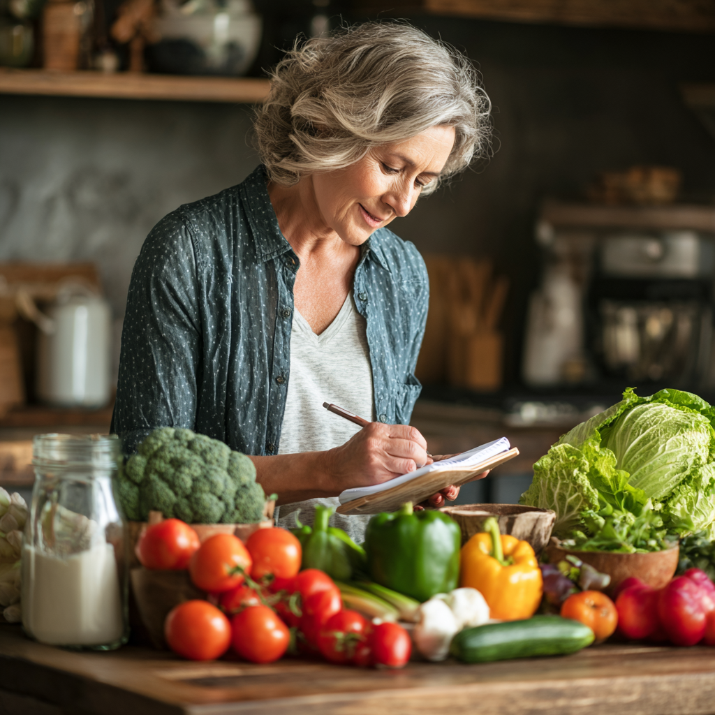 Middle-aged woman planning healthy meals in kitchen with fresh vegetables
