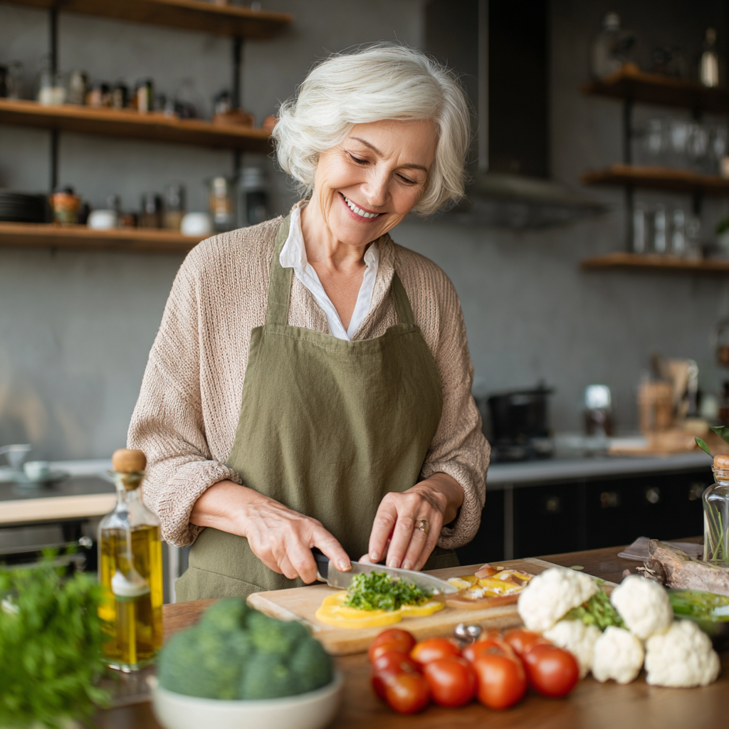 Satisfied mature woman cooking healthy meal after following voldureck nutrition plan